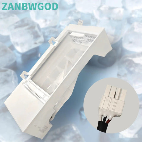 W11455232 Ice Maker Replacement for Refrigerator with ABS AS plastic and metal connector detail against ice background.