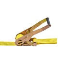 Close-up of Six Pack 2 Inch By 15 Foot Heavy Duty Ratchet Strap with Double J Hooks, 5000 Lbs Break Strength, yellow nylon