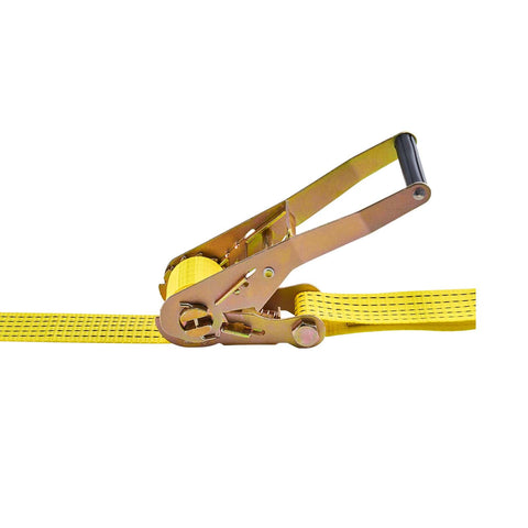 Close-up of Six Pack 2 Inch By 15 Foot Heavy Duty Ratchet Strap with Double J Hooks, 5000 Lbs Break Strength, yellow nylon