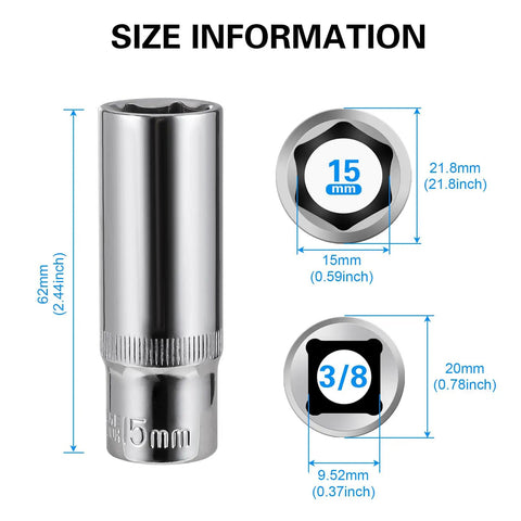 Three Piece 15mm Deep Sockets Set For Three Eighths Inch Drive With Six Point Design corrosion resistant size specifications