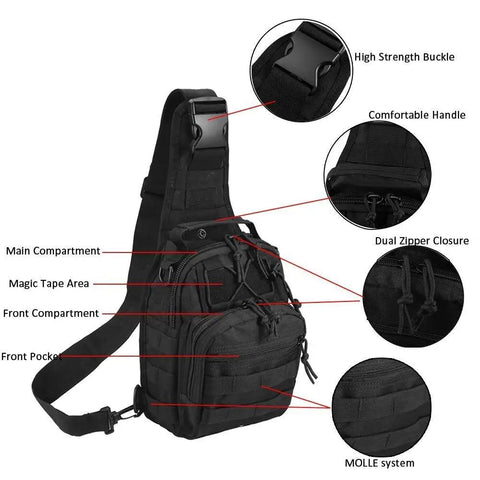 Black Rugged 1000D Tactical MOLLE Sling Backpack For Camping Hiking Trekking With labeled compartments and water resistant fabric