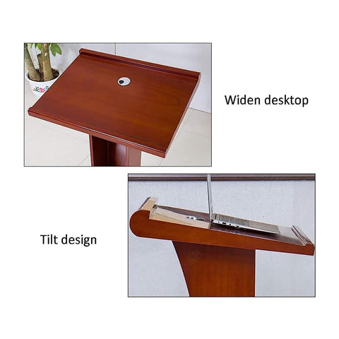 Hassle Free Wood Lecture Podium Glides Smooth Over Rugged Casters Features Handy Storage Shelf sturdy oak design with widened desktop and tilt feature.