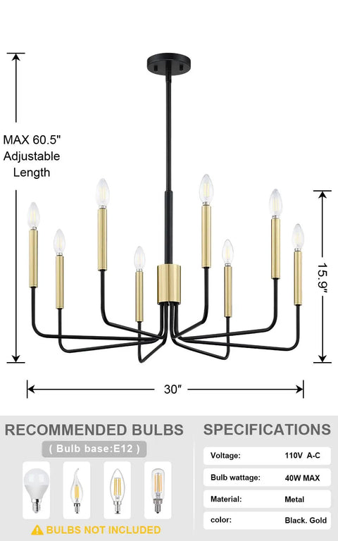 Vintage 8-Light Gold Farmhouse Pendant Chandelier With Black Finish dimensions and specifications