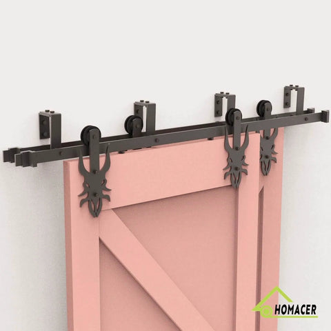 Black Rustic Double Track U Shape Bypass Sliding Barn Door Hardware Kit For Two Doors 4.5ft Flat Track installed view