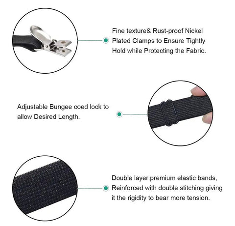 Adjustable Bed Sheet Straps Clips 8 Pack Black Heavy Duty Elastic Mattress Fasteners detail in use and components.