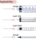 Top Shelf 100 Pack Sterile Disposable 18 Gauge One And A Half Inch Luer Lock Syringe Tips for Lab Science, showing large and small luer lock syringe types.