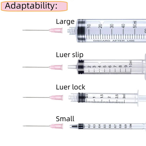 Top Shelf 100 Pack Sterile Disposable 18 Gauge One And A Half Inch Luer Lock Syringe Tips for Lab Science, showing large and small luer lock syringe types.
