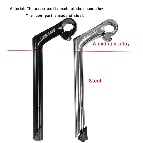 Gooseneck Bike Stem 25.4mm Handlebar Clamp 22.2mm Fork Tube 80mm Extension 220mm Length 30 Degree Rise Silver For Mountain Road And Urban Bikes Durable Aluminum Alloy Clamp And Steel Tube Construction shown in black and silver.