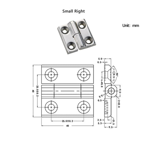 Heavy-duty 304 stainless steel hinge, small-right orientation, 1 pc with four mounting holes.