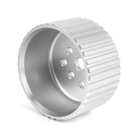 Thinking Process:. silver aluminum alternator pulley for 351C engine, ribbed V-belt style, front angle