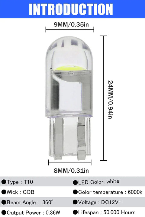 30 Pack 194 LED Bulbs 6000K Cool White Canbus Error Free T10 Wedge COB bulb dimensions and specifications