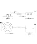 Technical diagram of Lotos 4 Inch LED Round Adjustable Recessed Light with 360 Degree Pivot, showing dimensions and components layout