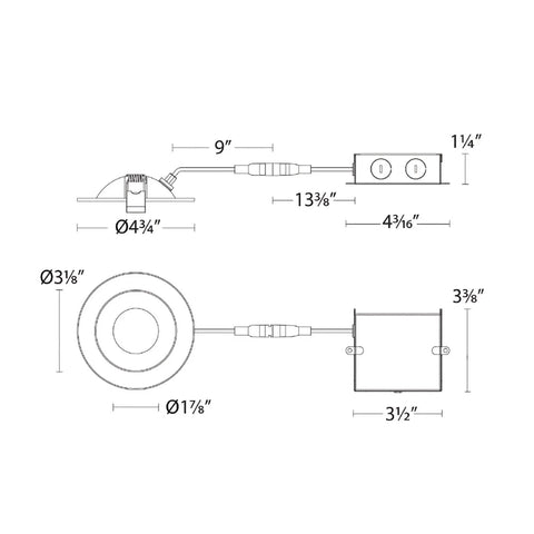 Technical diagram of Lotos 4 Inch LED Round Adjustable Recessed Light with 360 Degree Pivot, showing dimensions and components layout