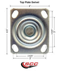 Heavy Duty Six Inch Caster Set Of Four featuring durable rubber aluminum wheels top plate swivel with dimensions.