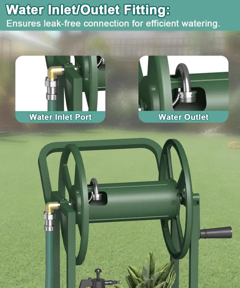 Heavy Duty Garden Hose Reel Cart with Wheels, showing water inlet port and water outlet, holds 125 ft of 5/8 inch hose.