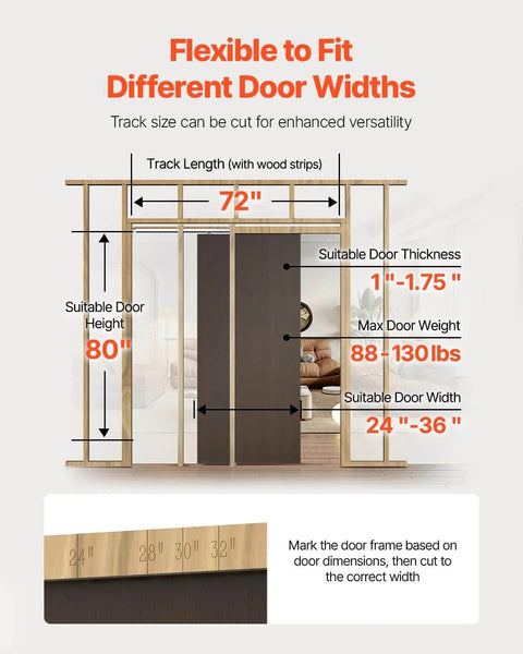 Diagram showing pocket door frame kit dimensions for 24-36 inch wide doors, 80 inch high, with wood and steel construction.
