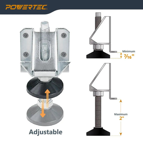 Adjustable heavy-duty furniture leg leveler with nylon feet, screws, and lock nuts for workbenches, cabinets, tables, shelving; supports 600 lb per set.