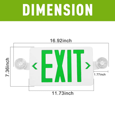 Two Pack Green LED Exit Sign With Emergency Lights And Battery Backup dimensions diagram, adjustable head lamps.