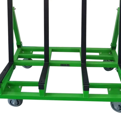 Premium Folding Glass Transport Cart And Heavy Duty Door Window Material Trolley base with solid green frame and large wheels.