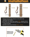Installation guide for Brown Leather Drawer Pulls 6 Pack for Kitchen Cabinets showing screw placement and measuring instructions.