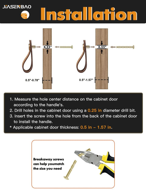Installation guide for Brown Leather Drawer Pulls 6 Pack for Kitchen Cabinets showing screw placement and measuring instructions.