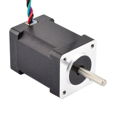 NEMA 14 front-view high-torque stepper motor with four leads, metal shaft, black body, silver faceplate for 3D printers.