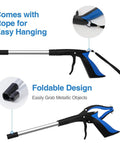 Foldable reacher grabber set with magnetic grip and rope for easy hanging, ideal for extending reach and picking up items.