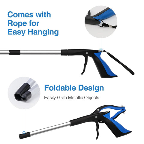 Foldable reacher grabber set with magnetic grip and rope for easy hanging, ideal for extending reach and picking up items.