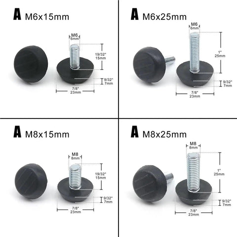 Hella Smooth Chair Leg Floor Savers 72 Piece Set Black And Clear Adjustable Glides hardware options M6 and M8 sizes with dimensions