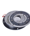 Magnetic powder brake, single-plate electromagnetic brake with flange, gray housing and red wiring.