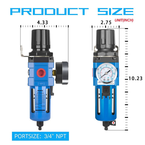 Front and side view of 3/4 Inch NPT Air Filter Regulator Combo with dimensions and gauge, AW4000-06M