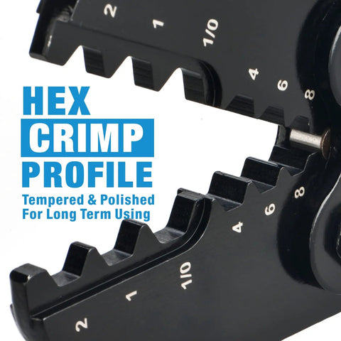 Close-up of hex crimp profile on Beefy Heavy Duty Battery Cable Lug Crimp Tool For Eight AWG To One Zero AWG End Terminals