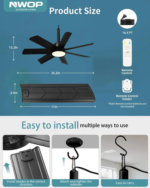 Diagram showing Outdoor Gazebo Ceiling Fan With Lights And Remote, 28 Inch LED 3CCT, installation instructions and dimensions.