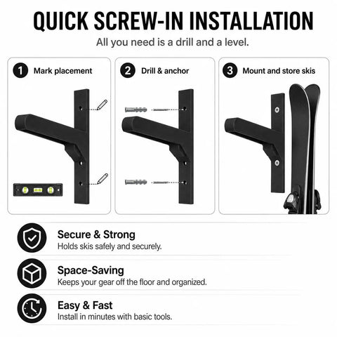 Kick Ass Ski Wall Mount Horizontal Display Rack For Poles And Boards Rock Solid Screw In Garage Storage Holder showing installation steps.