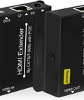 Huge 200 Foot Hdm Extender Over Cat6 Cat7 Ethernet Cable features HDMI IN and OUT ports for seamless video connection.