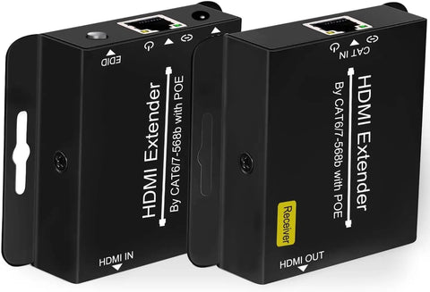 Huge 200 Foot Hdm Extender Over Cat6 Cat7 Ethernet Cable features HDMI IN and OUT ports for seamless video connection.