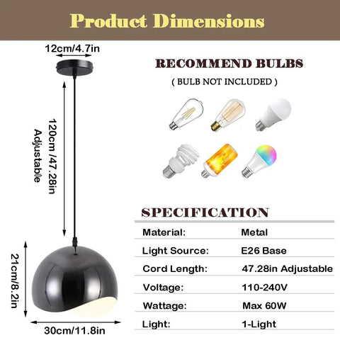ZSJPDP American Industrial Style Metal Hanging Lamp, 8.2in dimensions showing adjustable 47.28in cord and E26 base.