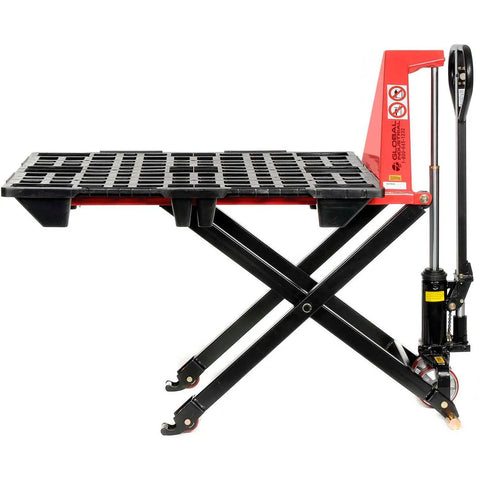 Real Deal Heavy Duty Manual High Lift Skid Jack Truck For Single Faced Pallets With Wide Poly Steer Wheels And Smooth Roll Out 2200 Lb Capacity vibrantly red with a black scissor lift base.