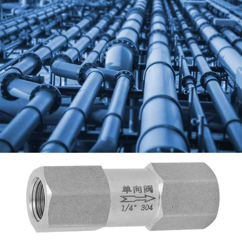 Close-up of stainless steel air check valve with 1/4 in female thread and hex body (304).