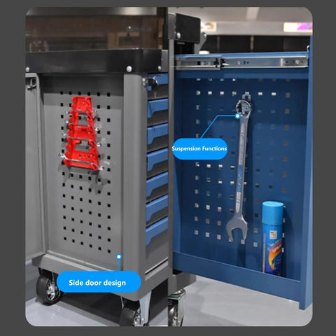 Open side door of 7 Drawer Rolling Tool Cart With Wheels For Warehouse And Workshop, showing tool organization features
