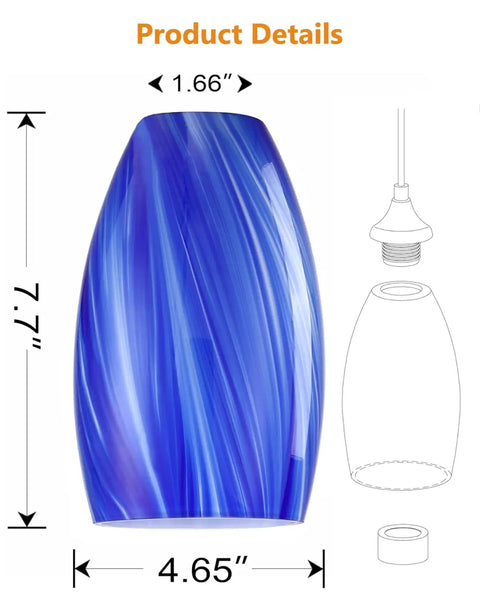 Dimensions of blue hand-blown glass shade for Adjustable Two Pack One Light Indoor Mini Hanging Pendant Lamps In Polished Nickel Finish