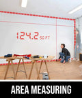 Man uses 65 Feet Laser Distance Measurer With Wheel Measuring Mode For Uneven Surfaces Compact Handheld Tool to measure room area