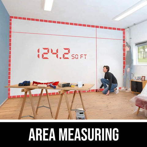 Man uses 65 Feet Laser Distance Measurer With Wheel Measuring Mode For Uneven Surfaces Compact Handheld Tool to measure room area