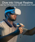 Man using VR headset with Wireless Neckband Speaker With 360 Degree Surround Sound And No Lag For Gaming And TV, 12 Hour Battery, Type C Quick Charging, Wearable Audio For Home Office And Outdoors.