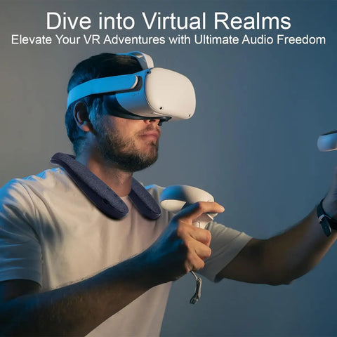 Man using VR headset with Wireless Neckband Speaker With 360 Degree Surround Sound And No Lag For Gaming And TV, 12 Hour Battery, Type C Quick Charging, Wearable Audio For Home Office And Outdoors.