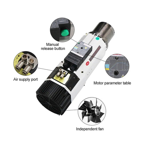 Heavy Duty Air Cooled Spindle Motor 9.0KW 24000RPM 380V ISO30 with air supply port and independent fan features.