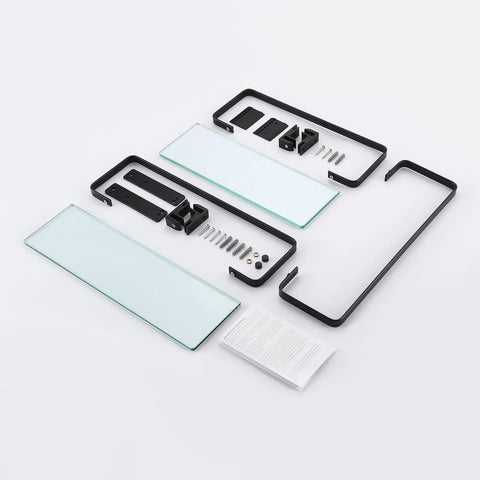 Components of Tempered Glass Floating Bathroom Shelf With Bar, Rectangular Wall Mounted Aluminum Rustproof Black Finish organizer