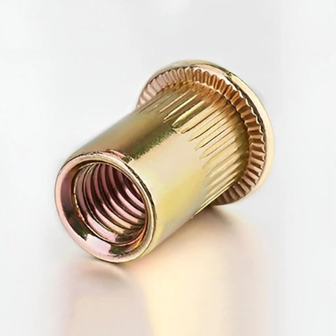 Close-up of a zinc-plated knurled rivet from 220 Pcs Metric Rivet Nut Kit Zinc Plated Carbon Steel Flat Head Rivnut Assortment.
