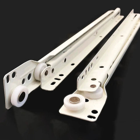 Smooth As Butter White Roller Drawer Slides, Bottom Mount Partial Extension Runners With Quiet Glide, Durable Cold Rolled Steel, 25Kg Capacity, 14 Inch Length, Easy Hookup Hardware For Home And Office Storage Drawers close-up view of drawer runners showing double roller design and mounting holes