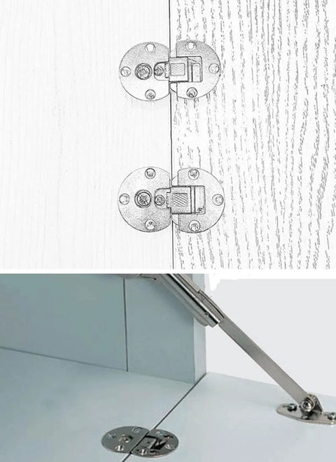 Two Piece 90 Degree Adjustable Concealed Cabinet Door Hinge Set For Table Drop Down And Flush Mount Zinc Alloy Construction